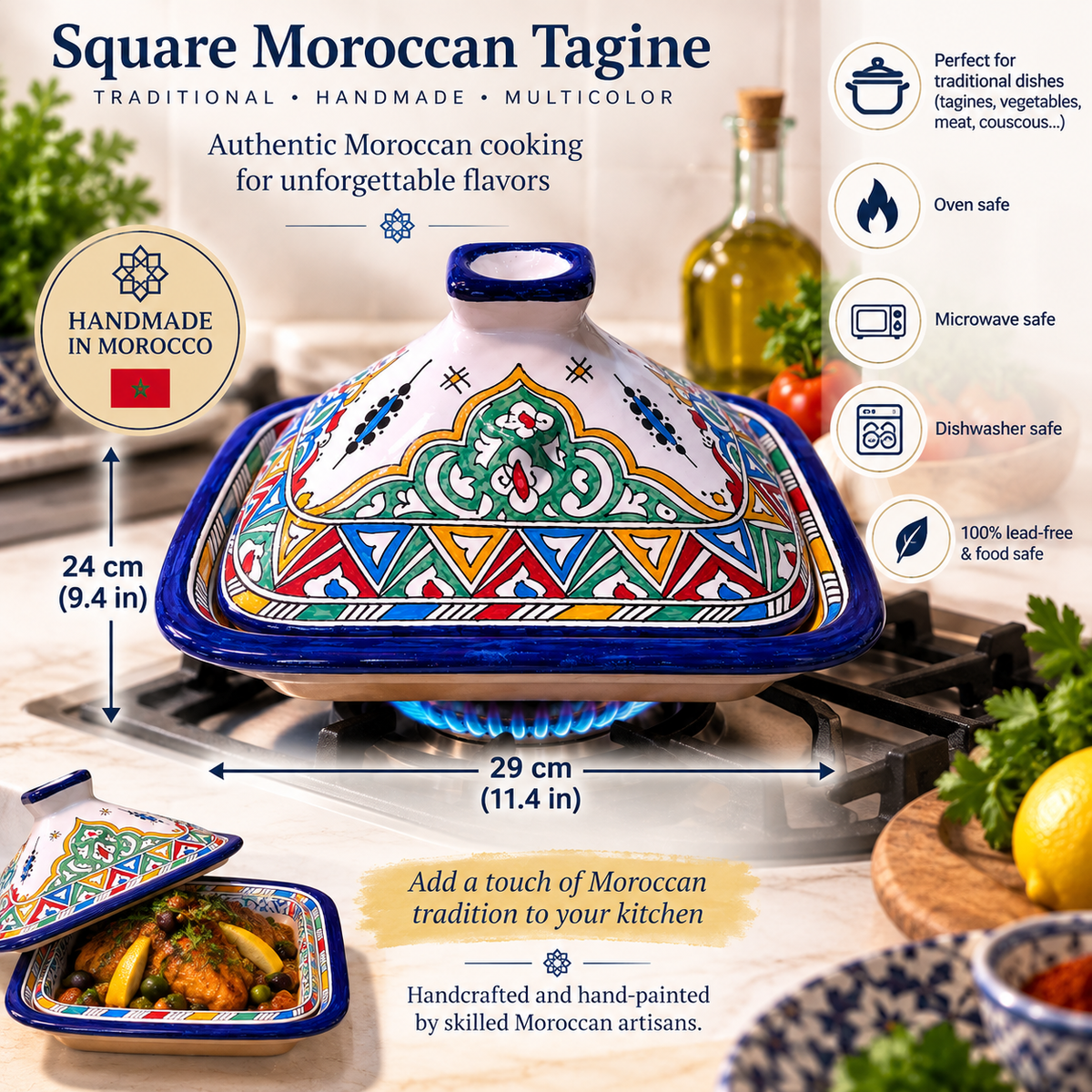Square Moroccan Tagine – Multicolor Ceramic Cooking Pot 24 × 29 cm