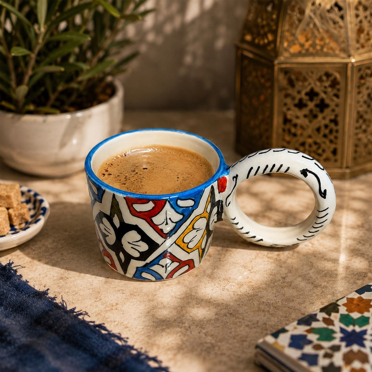 Moroccan fez pottery mug handmade and hand painted