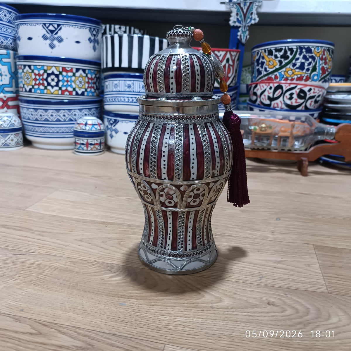 Handcrafted Moroccan Decorative Ceramic Jar with Silver Filigree & Tassel – Traditional Fez Design