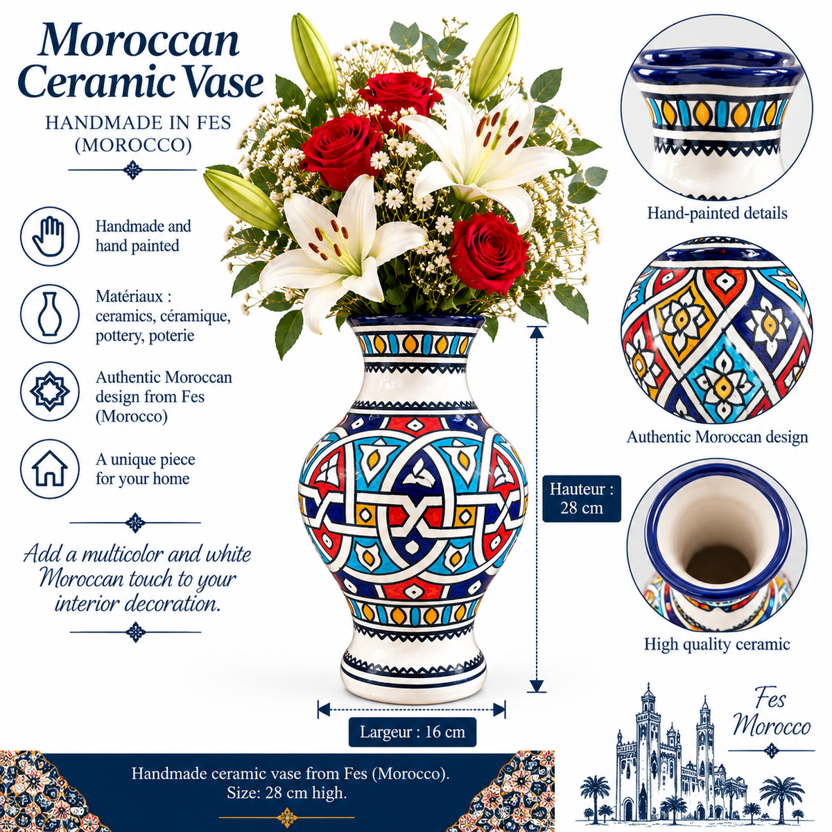 Handmade Moroccan Ceramic Vase – Multicolor & White Fez Pottery
