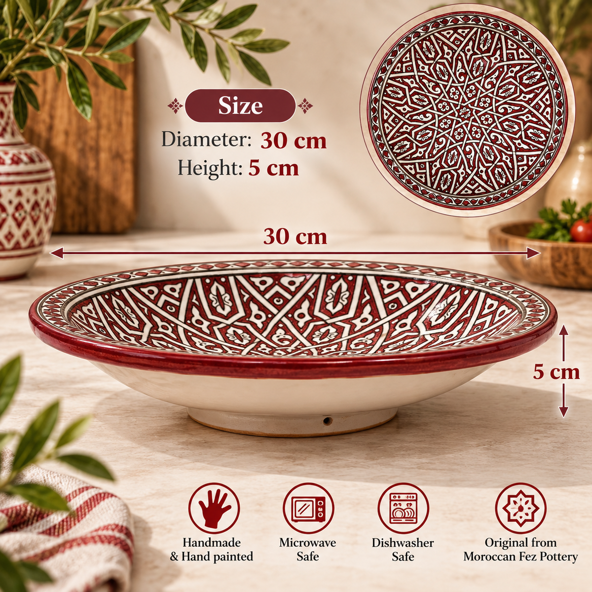 Handmade Moroccan Ceramic Serving Bowl – Red & White Hand-Painted Berber Style – 30 cm