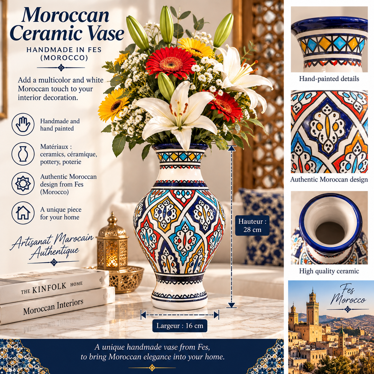 Handmade Moroccan Ceramic Vase – Multicolor & White Fez Pottery