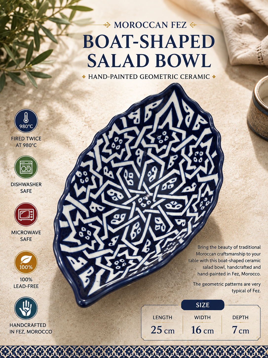 Hand-Painted Moroccan Ceramic Floral Serving Bowl – Blue & White Decorative Dish (Copie)