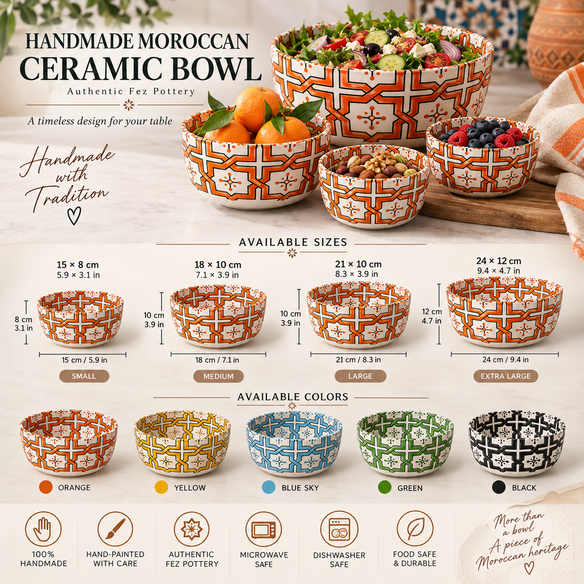 Handmade Moroccan Ceramic 4 Bowl Set – Hand-Painted Geometric Design | Fez Pottery