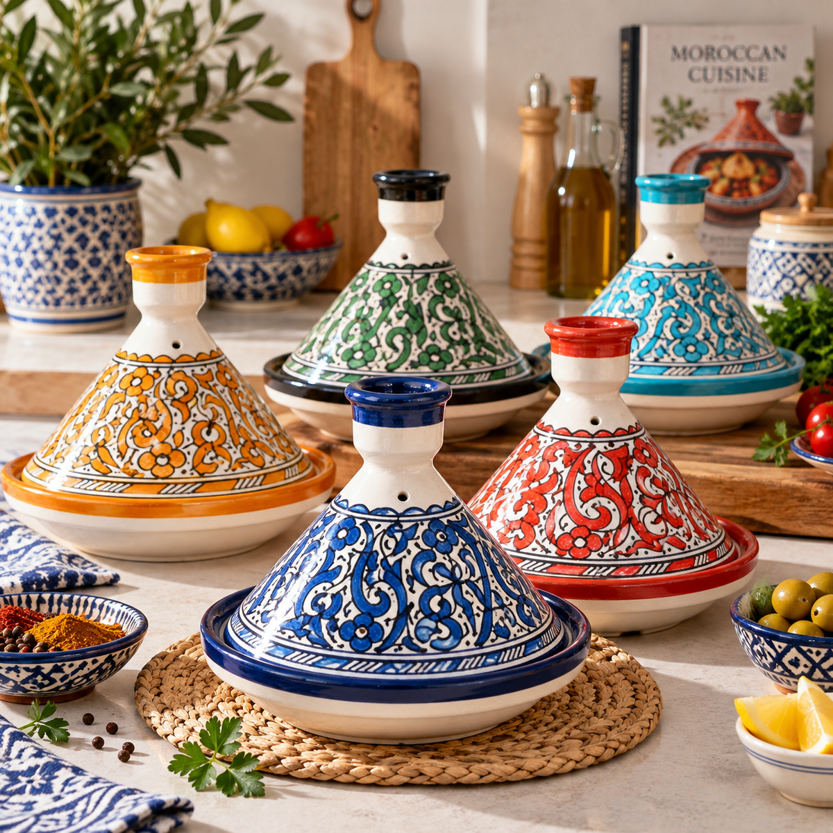 Authentic Ceramic Cooking Tagine Handmade Moroccan Tagine Pot with Hand-Painted Floral Design
