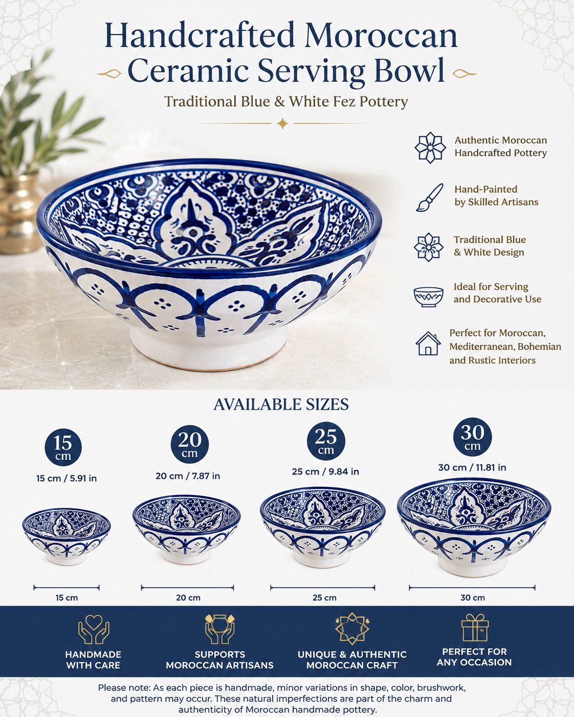 Moroccan Ceramic Serving Bowl – Traditional Blue & White Fez Pottery