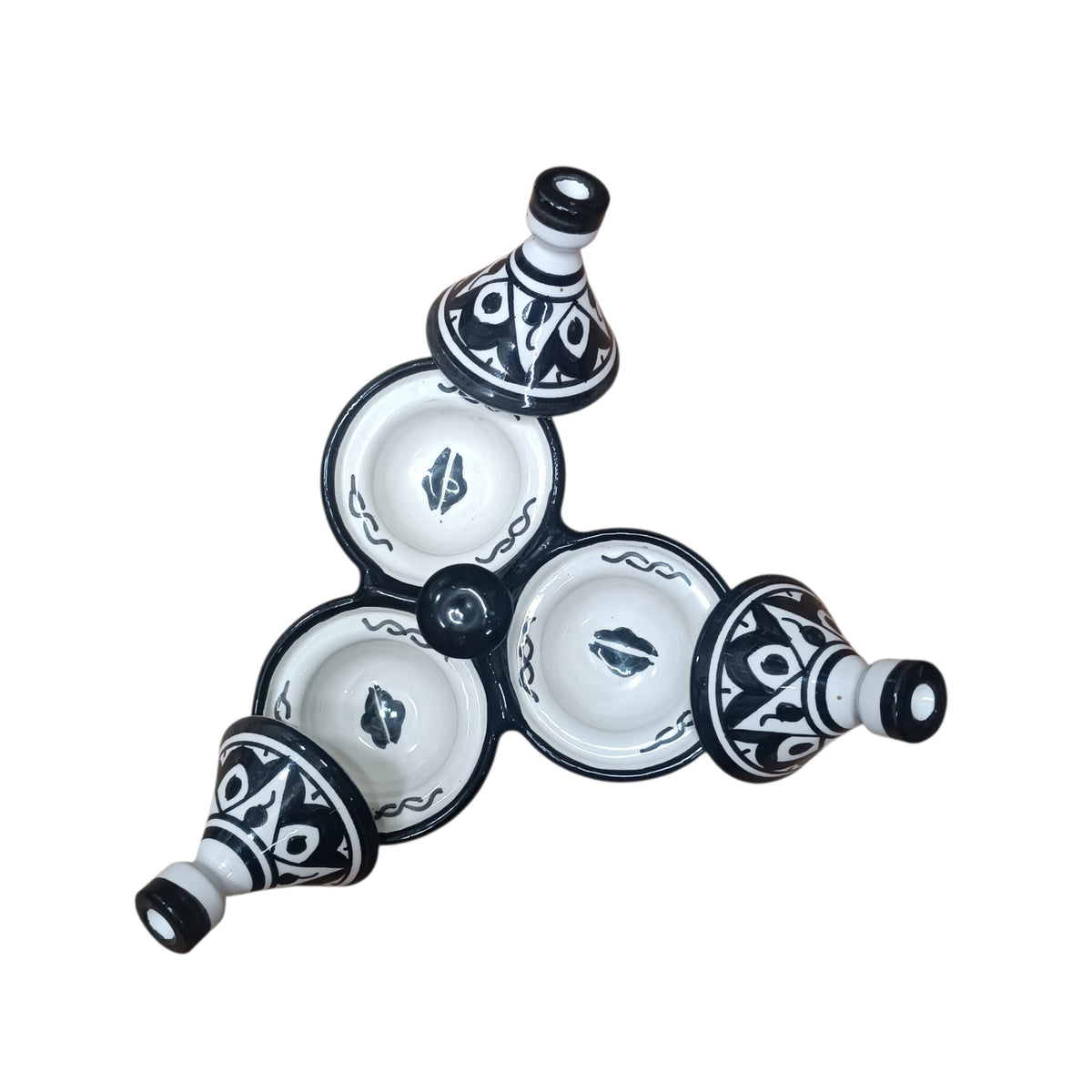 Moroccan Ceramic tagine 3-Compartment Spice Server – Hand-Painted black & White Tagine Condiment Holder