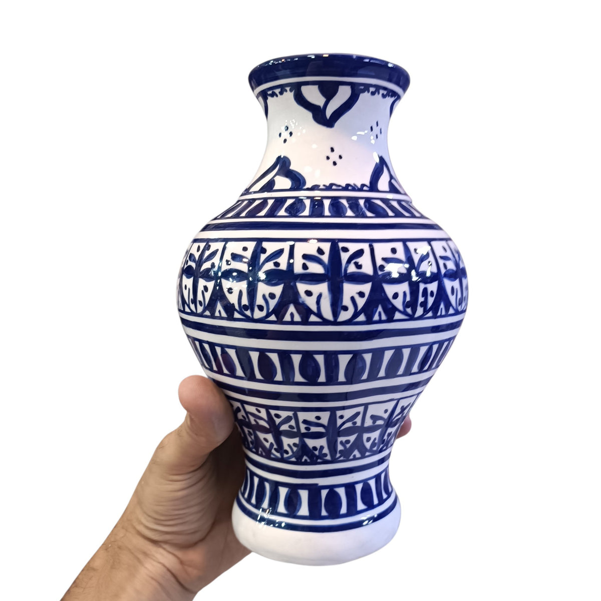 Handmade Moroccan Ceramic Vase – Blue & White Fez Pottery, 28 cm