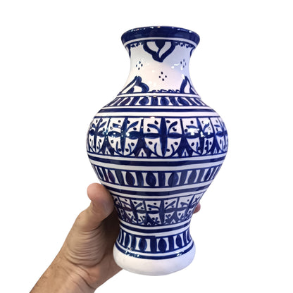 Handmade Moroccan Ceramic Vase – Blue & White Fez Pottery, 28 cm