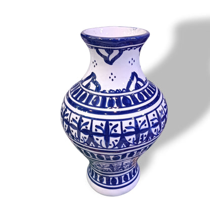 Handmade Moroccan Ceramic Vase – Blue & White Fez Pottery, 28 cm