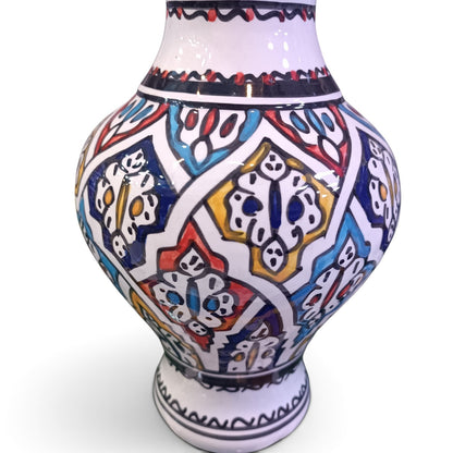 Handmade Moroccan Ceramic Vase – Multicolor & White Fez Pottery