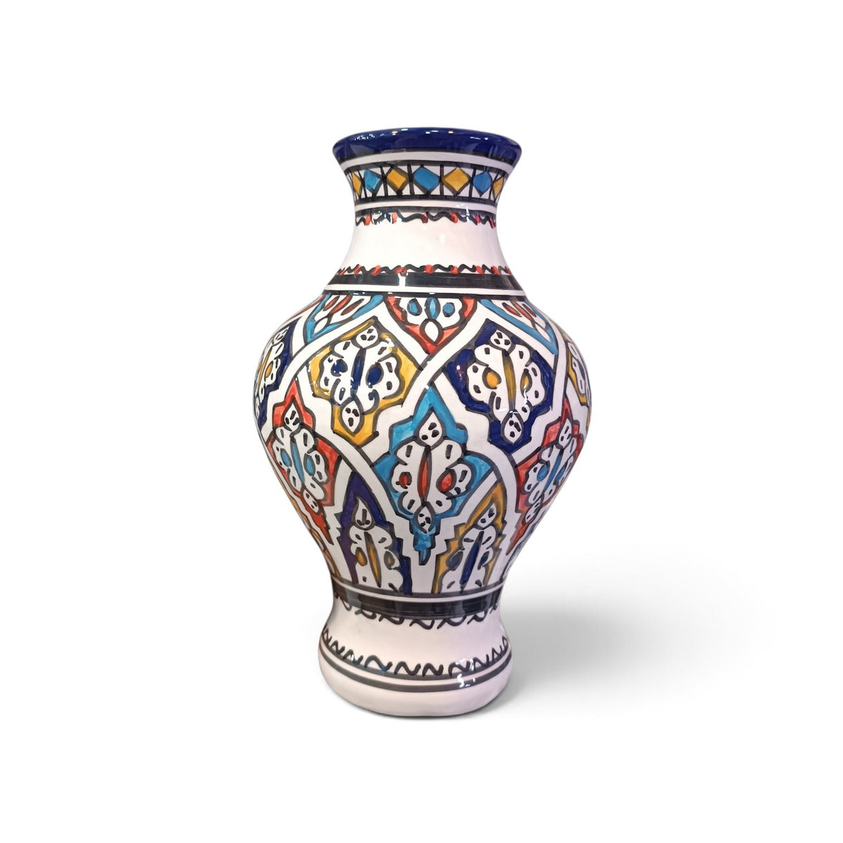 Handmade Moroccan Ceramic Vase – Multicolor & White Fez Pottery