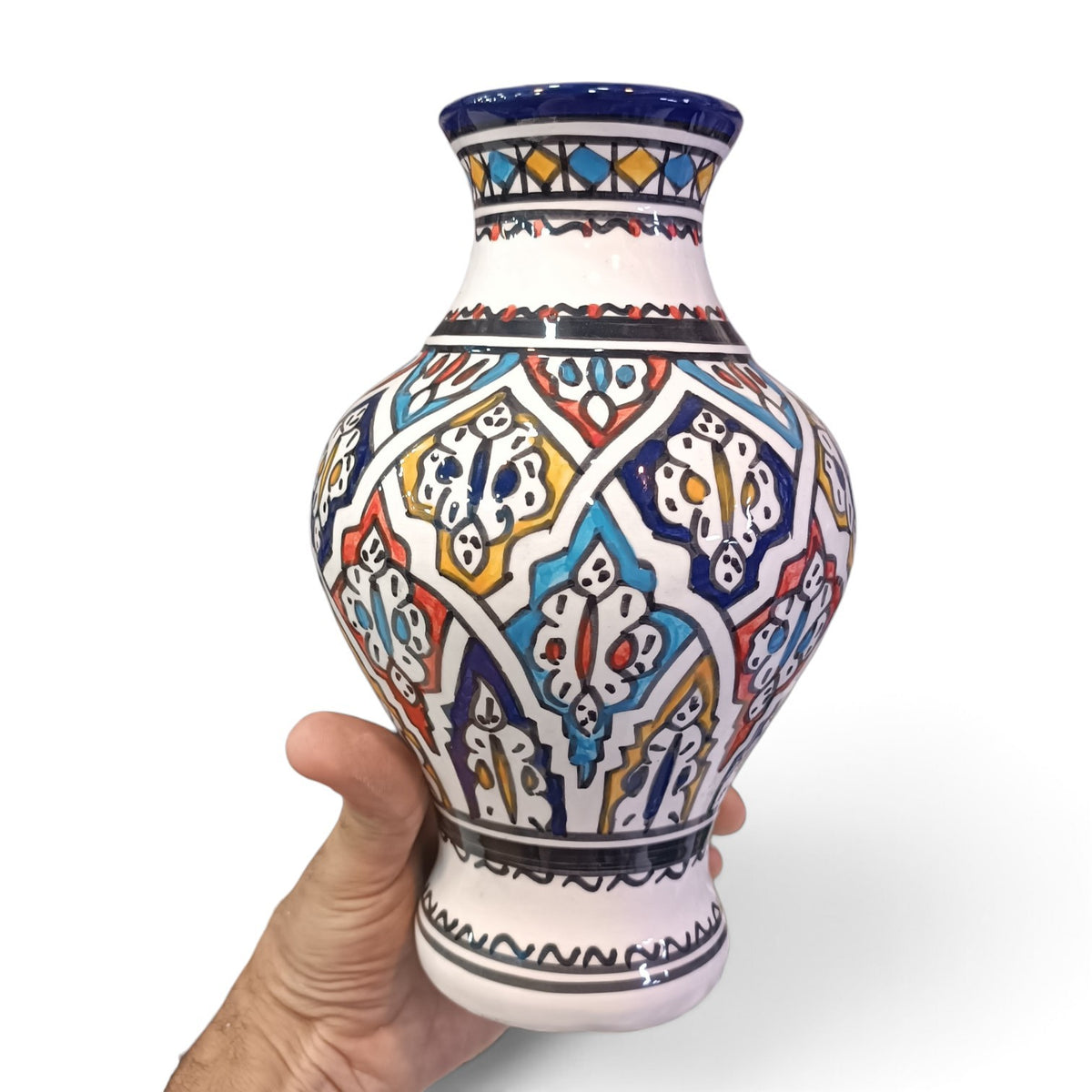 Handmade Moroccan Ceramic Vase – Multicolor & White Fez Pottery