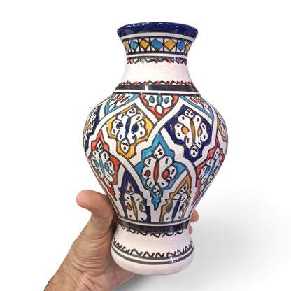 Handmade Moroccan Ceramic Vase – Multicolor & White Fez Pottery