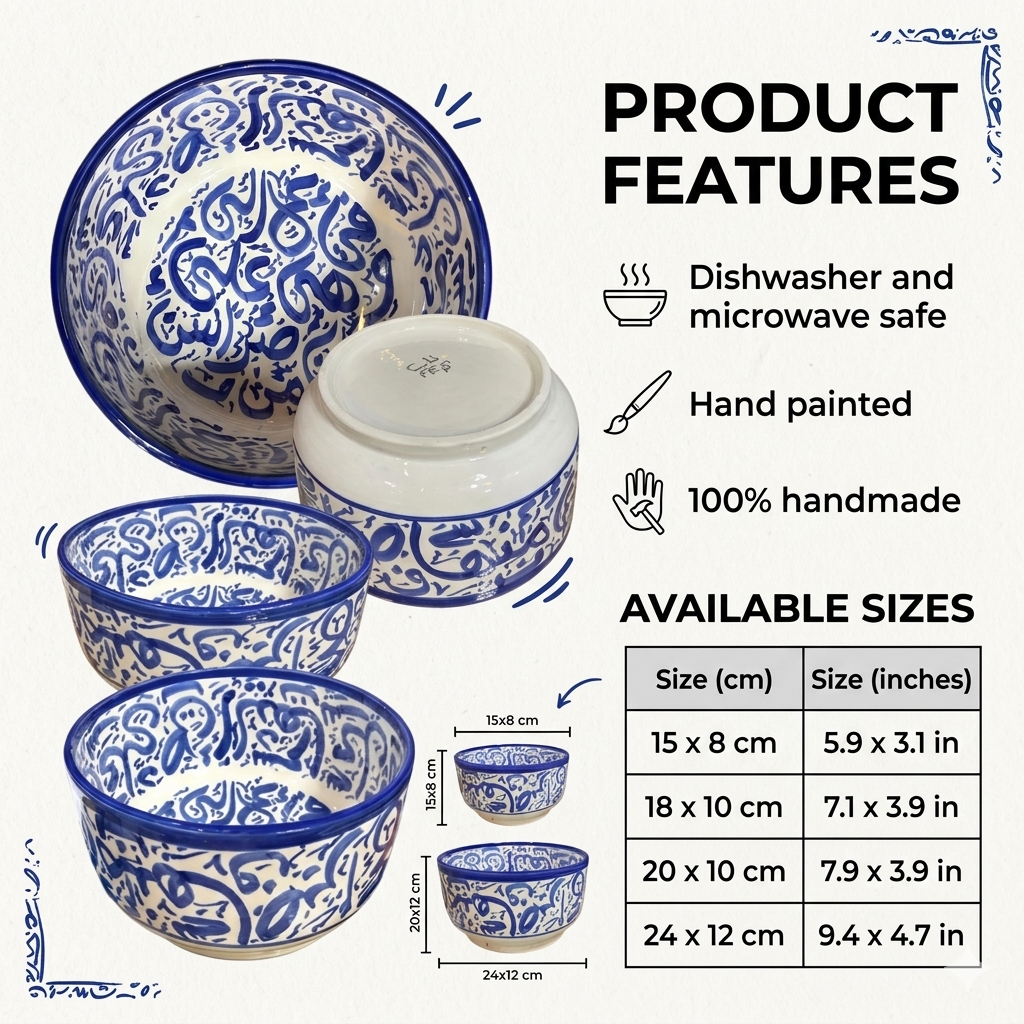Handcrafted Moroccan Arabic Calligraphy  Bowls – Decorative & Functional Ceramic Serving Bowl