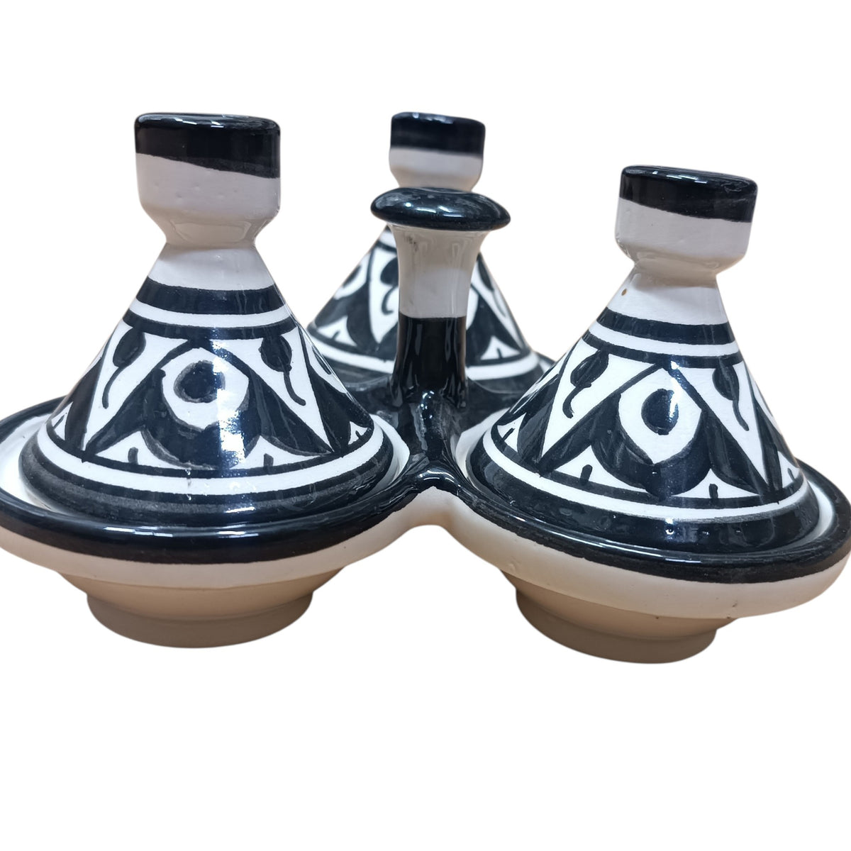 Moroccan Ceramic tagine 3-Compartment Spice Server – Hand-Painted black & White Tagine Condiment Holder