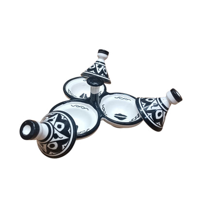 Moroccan Ceramic tagine 3-Compartment Spice Server – Hand-Painted black & White Tagine Condiment Holder