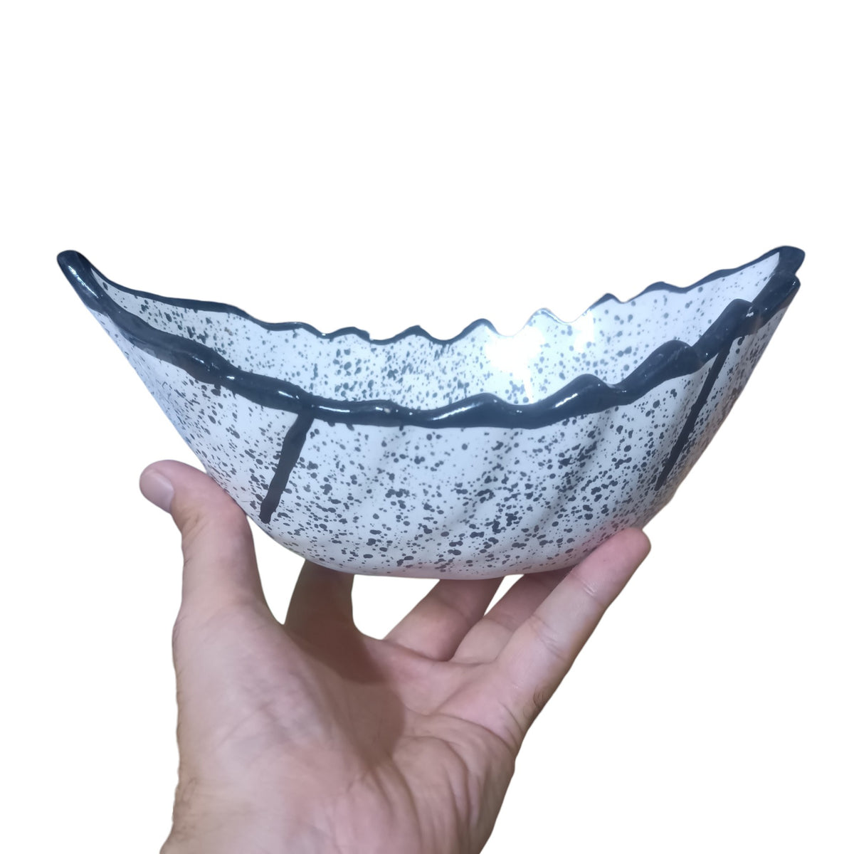 Moroccan Ceramic Boat-Shaped Serving Bowl – Hand-Painted Speckled Geometric Design