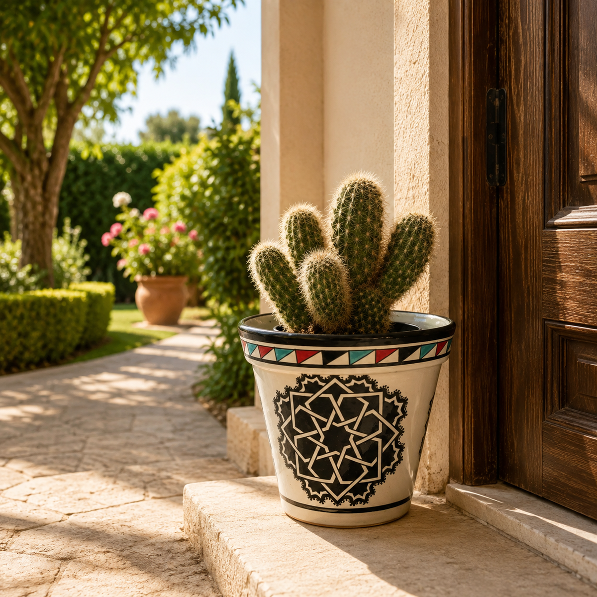 Handcrafted Moroccan Ceramic Planter – Traditional Fez Pottery with Geometric Design