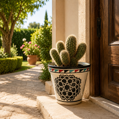 Handcrafted Moroccan Ceramic Planter – Traditional Fez Pottery with Geometric Design