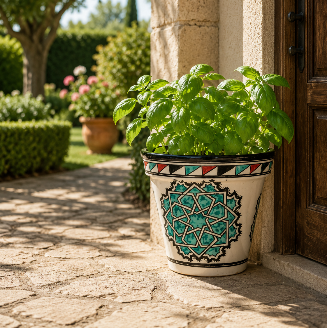 Handcrafted Moroccan Ceramic Planter – Traditional Fez Pottery with Geometric Design
