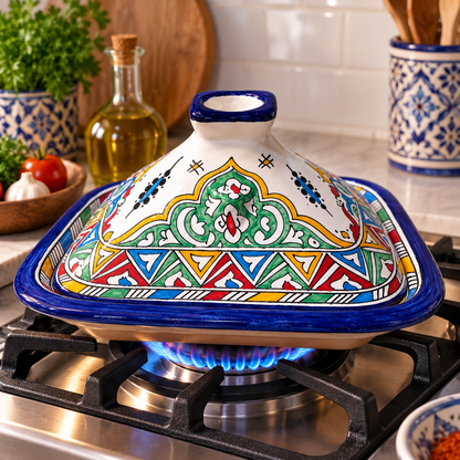 Square Moroccan Tagine – Multicolor Ceramic Cooking Pot 24 × 29 cm