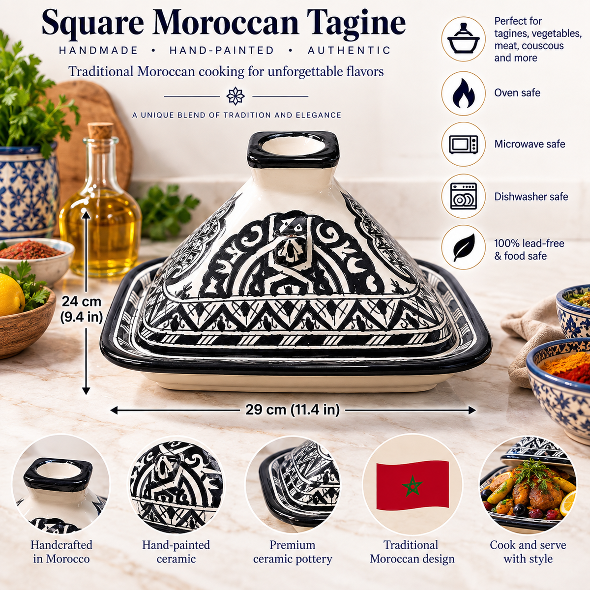 Square Black Moroccan Tagine – Ceramic Cooking Pot 24 × 29 cm
