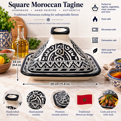 Square Black Moroccan Tagine – Ceramic Cooking Pot 24 × 29 cm