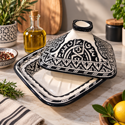 Square Black Moroccan Tagine – Ceramic Cooking Pot 24 × 29 cm