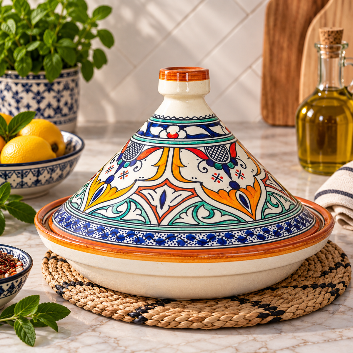 Moroccan Tagine with Hand-Painted Floral Design – Ceramic Cooking Pot