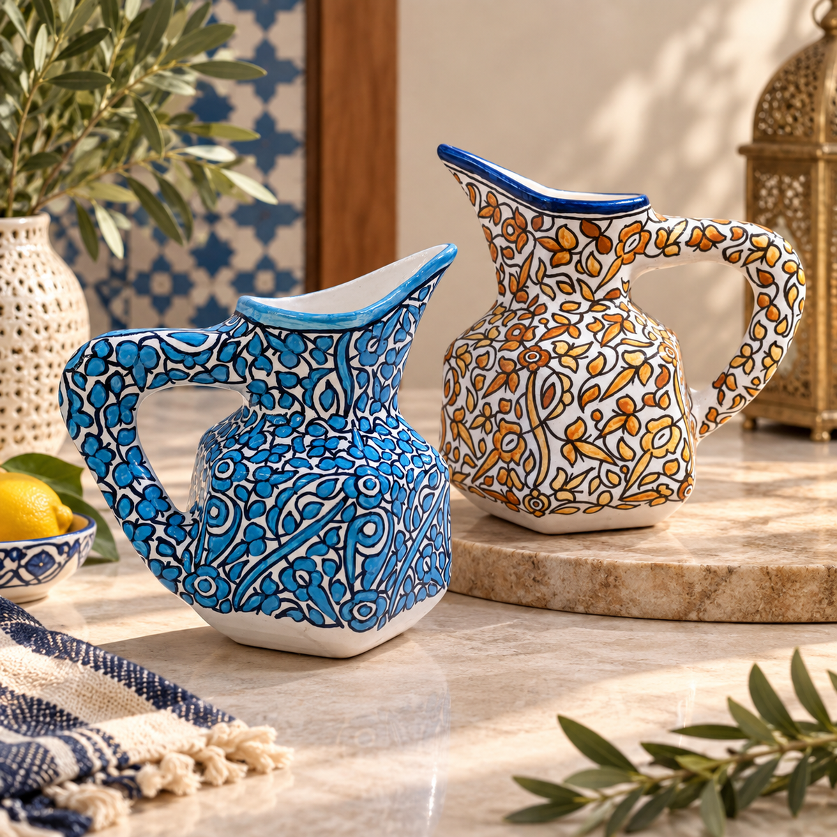 Handmade Fes Ceramic Carafe – 1 Liter Moroccan Pottery Pitcher