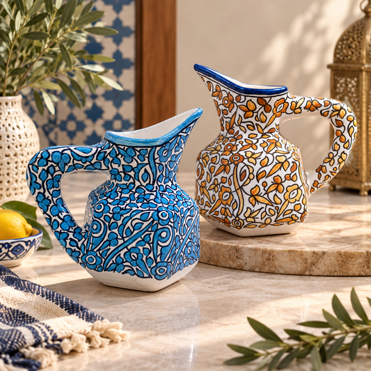 Handmade Fes Ceramic Carafe – 1 Liter Moroccan Pottery Pitcher