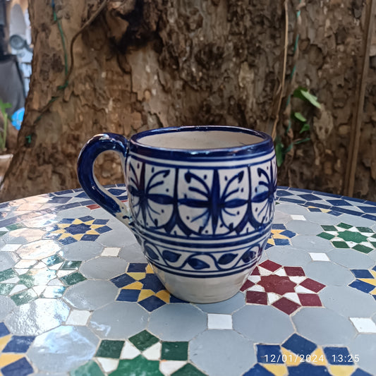 Moroccan pottery mug handmade and hand painted 2 mugs In white and blue