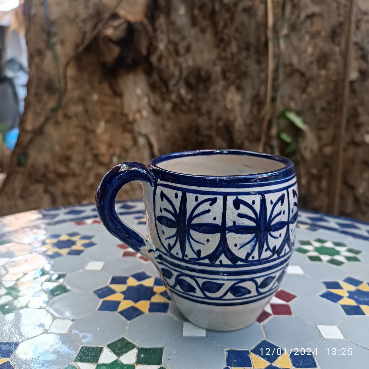 Moroccan pottery mug handmade and hand painted 2 mugs In white and blue