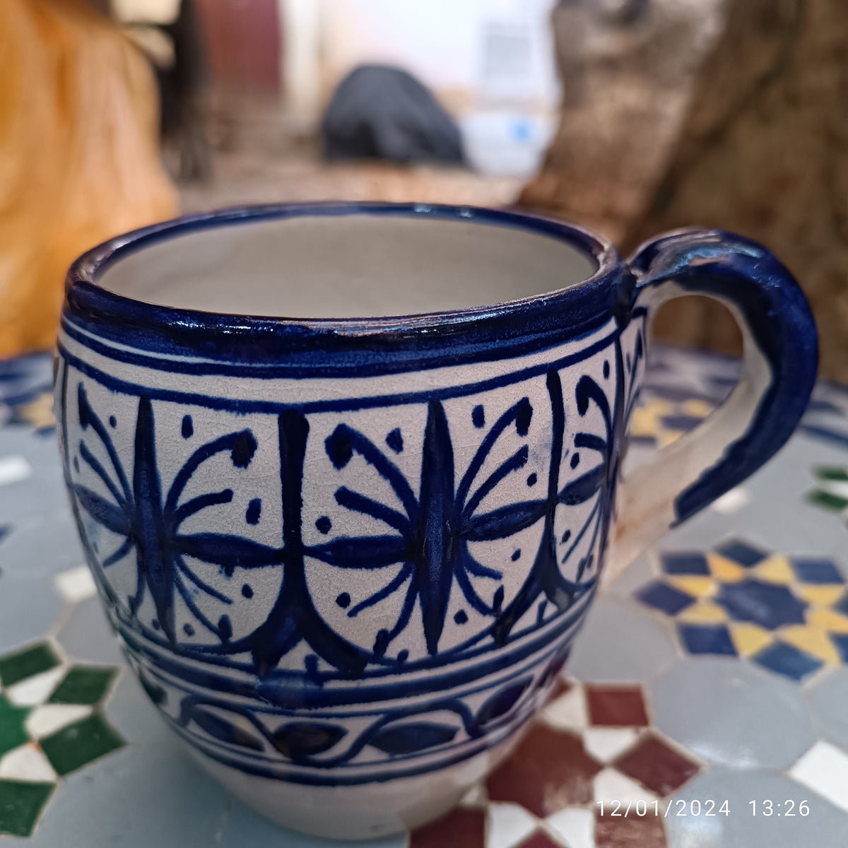 Moroccan pottery mug handmade and hand painted 2 mugs In white and blue