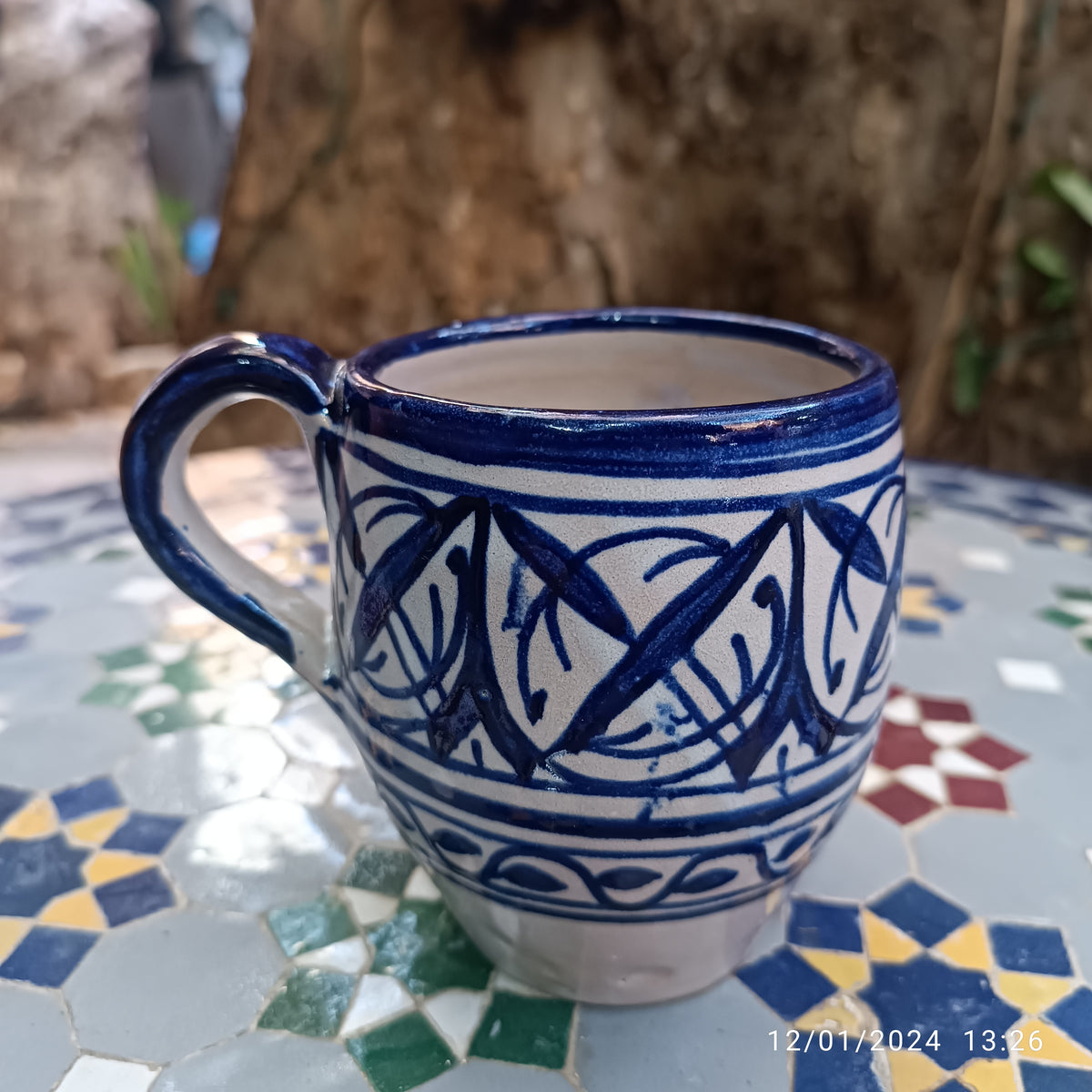 Moroccan pottery mug handmade and hand painted 2 mugs In white and blue