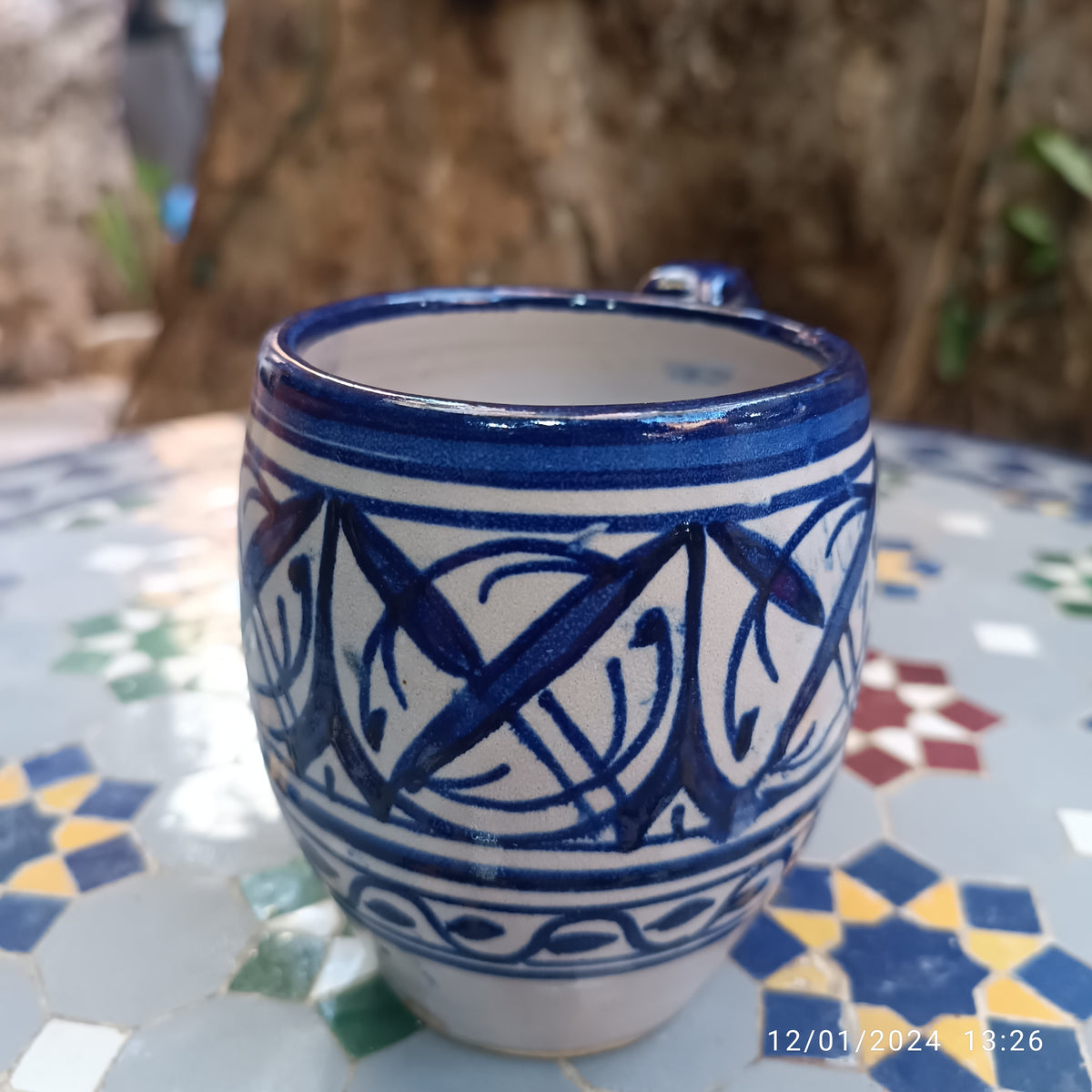 Moroccan pottery mug handmade and hand painted 2 mugs In white and blue