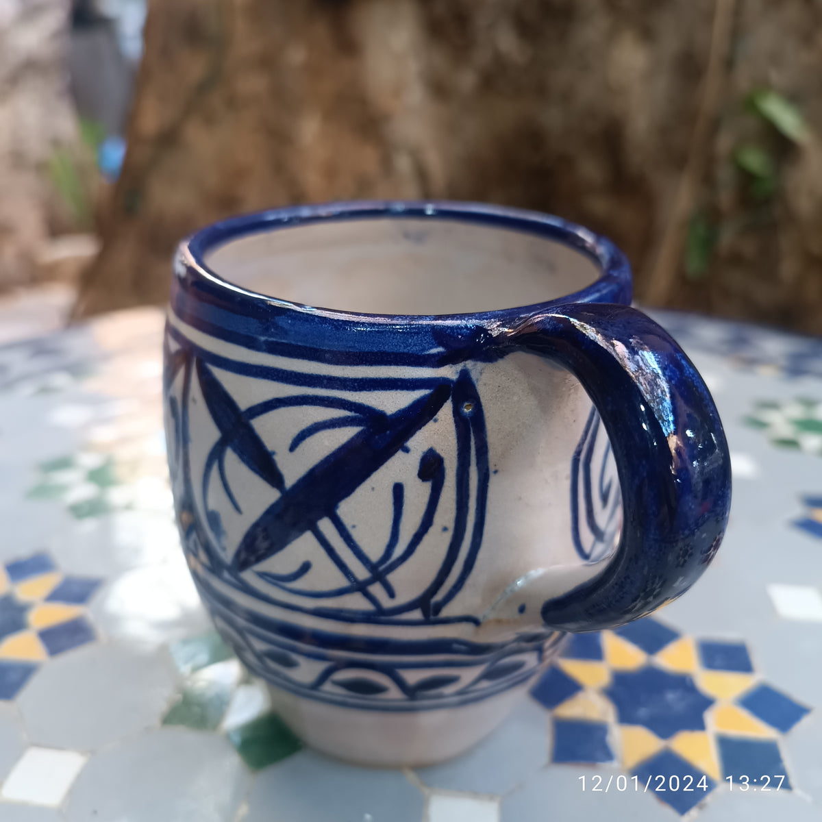 Moroccan pottery mug handmade and hand painted 2 mugs In white and blue