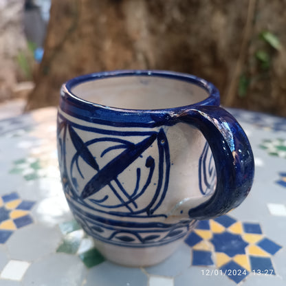 Moroccan pottery mug handmade and hand painted 2 mugs In white and blue