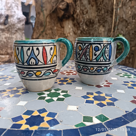 Moroccan fez pottery mug handmade and hand painted 2 mugs