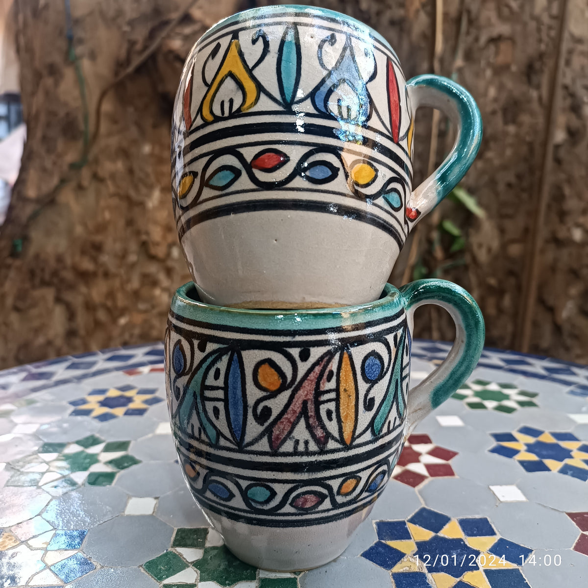 Moroccan fez pottery mug handmade and hand painted 2 mugs