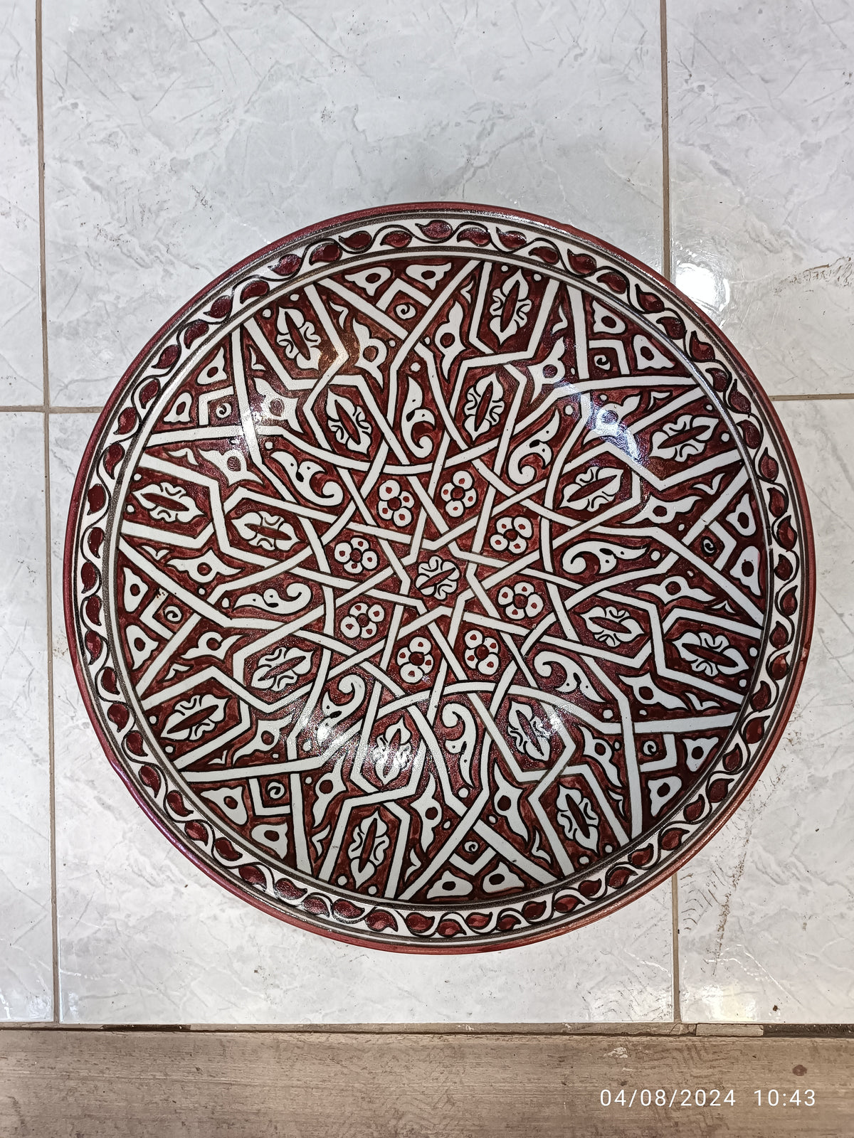 Handmade Moroccan Ceramic Serving Bowl – Red & White Hand-Painted Berber Style – 30 cm