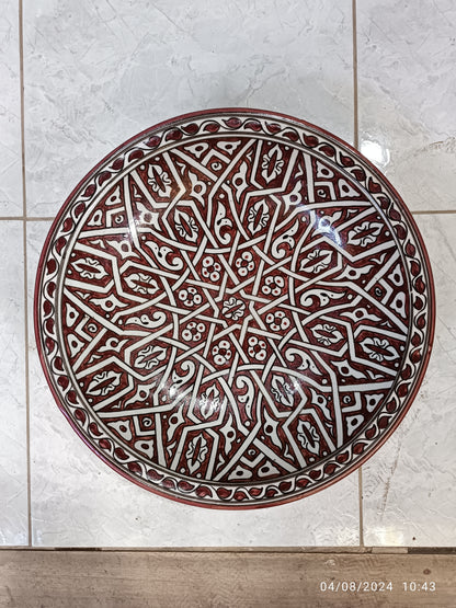 Handmade Moroccan Ceramic Serving Bowl – Red & White Hand-Painted Berber Style – 30 cm