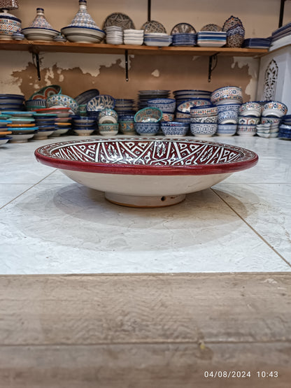 Handmade Moroccan Ceramic Serving Bowl – Red & White Hand-Painted Berber Style – 30 cm