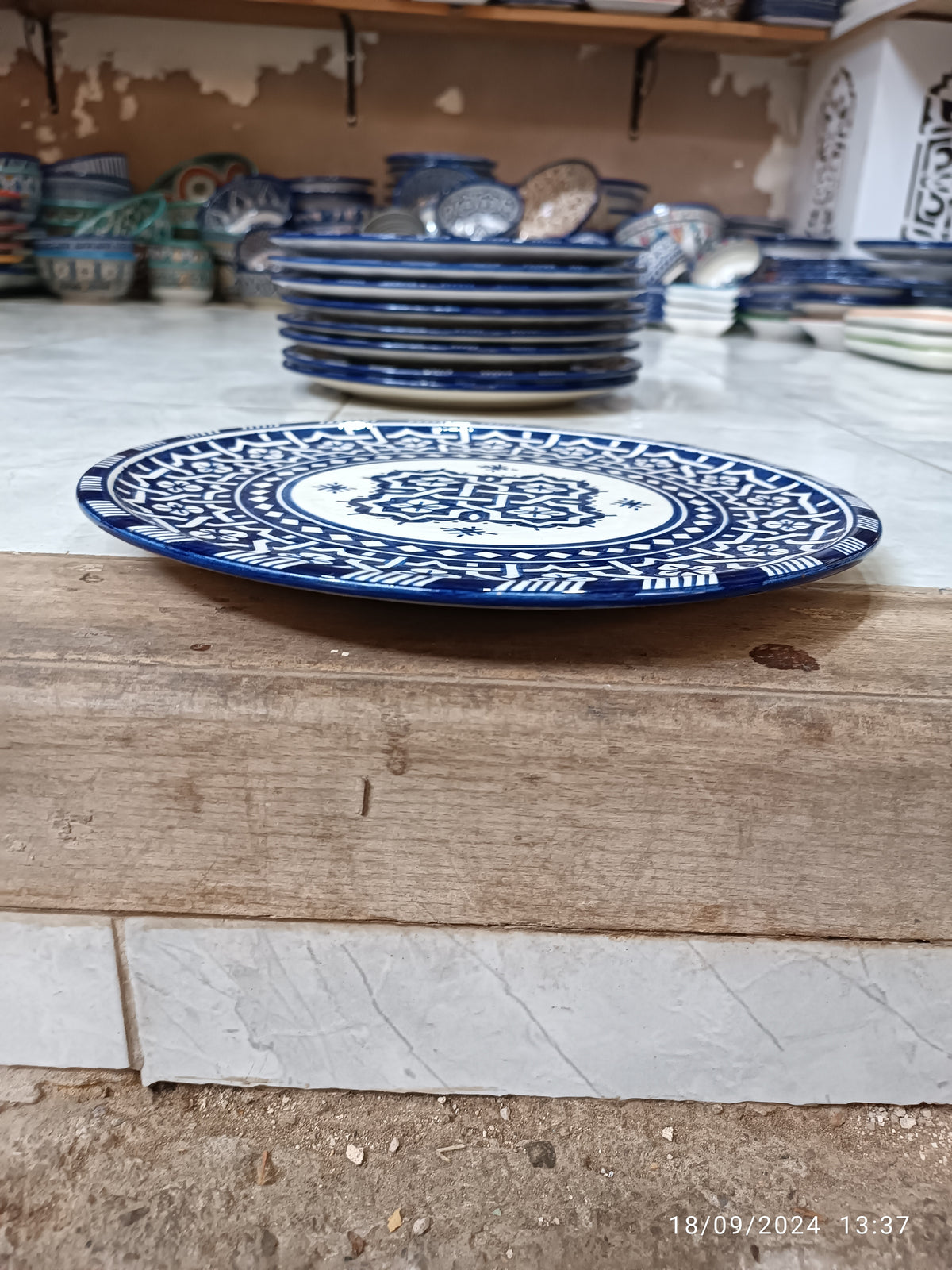 Handmade Moroccan Ceramic Decorative Plate – Blue & White Geometric Design