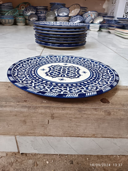 Handmade Moroccan Ceramic Decorative Plate – Blue & White Geometric Design