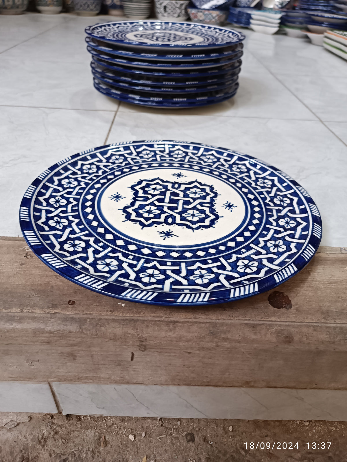 Handmade Moroccan Ceramic Decorative Plate – Blue & White Geometric Design