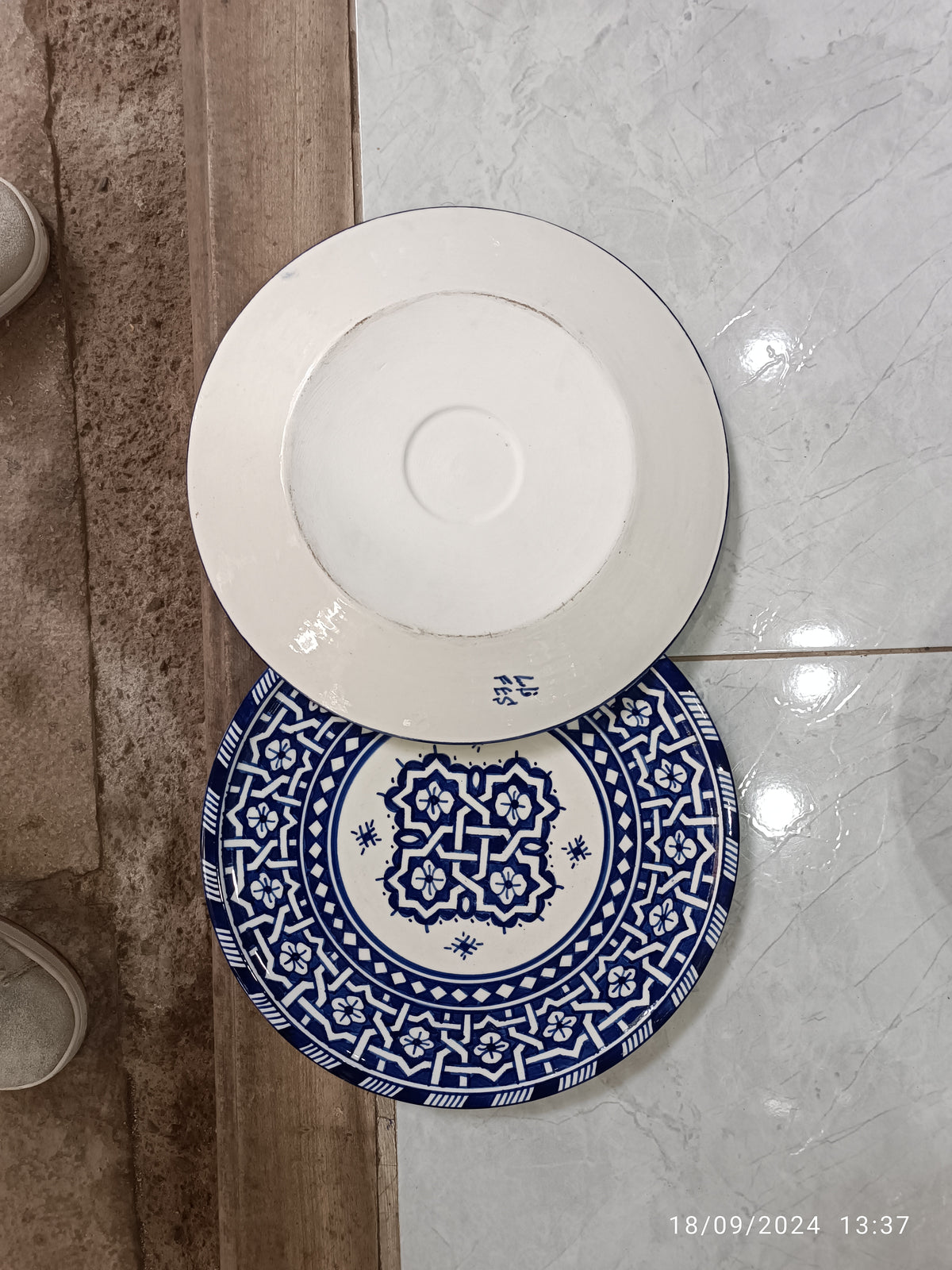 Handmade Moroccan Ceramic Decorative Plate – Blue & White Geometric Design