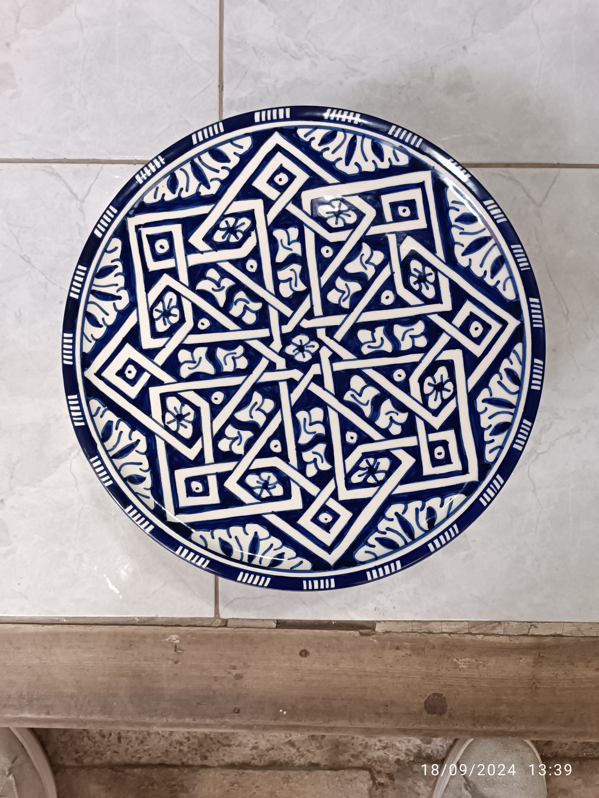 Handmade Moroccan Ceramic Decorative Plate – Blue & White Geometric Zellige Design