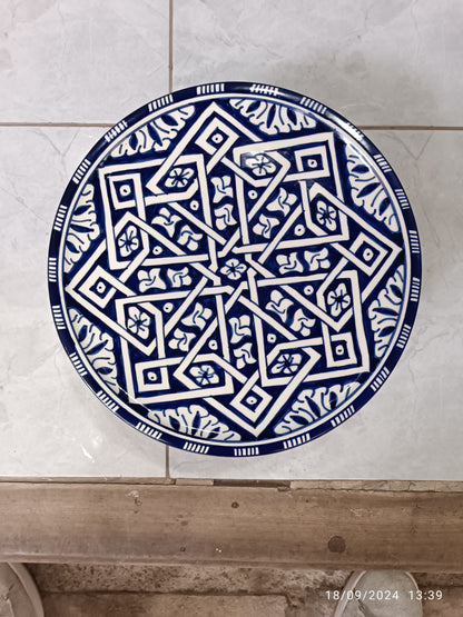 Handmade Moroccan Ceramic Decorative Plate – Blue & White Geometric Zellige Design